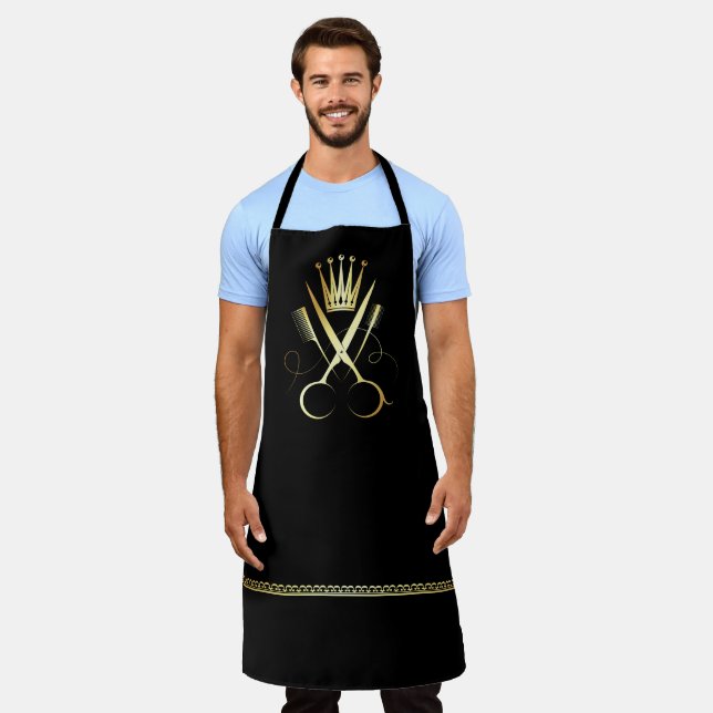 Tablier Ciseaux d'or et coiffeuse noire uniforme salon ap (Porté)