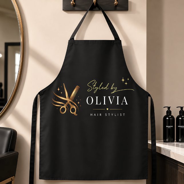Tablier Ciseaux élégants noirs et or pour coiffeur personn (Hair Stylist Elegant Black Gold Scissors Custom Apron)