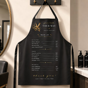 Tablier Ciseaux élégants noirs et or pour coiffeur personn