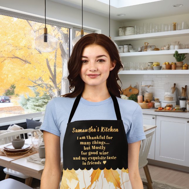 Tablier Citation de feuillage orange de la récolte d'autom (Fall Harvest Orange Foliage Personalized Quote Apron: add name and quote Thankful for wine & friends)