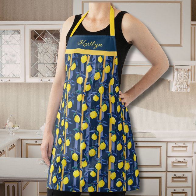 Tablier Citrons Bleu Or Rayure Motif Méditerranéen (Créateur téléchargé)