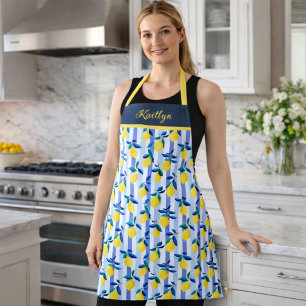 Tablier Citrons charmants à rayures bleues, motif méditerr