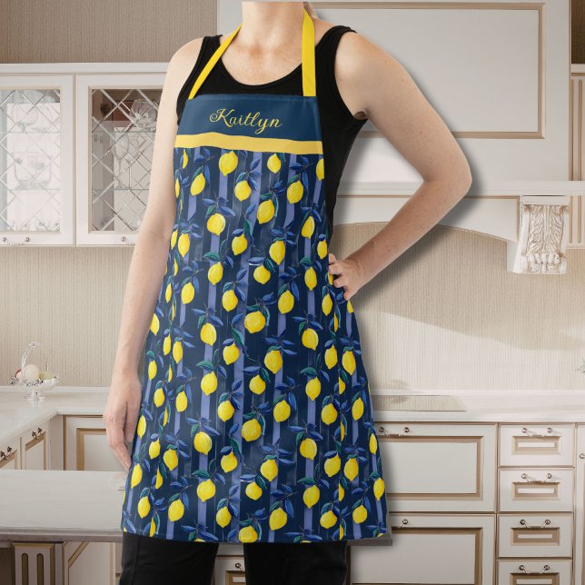 Tablier Citrons charmants à rayures bleues, motif méditerr (Créateur téléchargé)