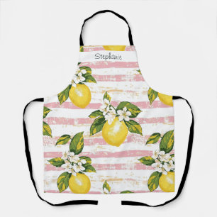 Tablier Citrons et fleurs vintages sur bandes rose et blan