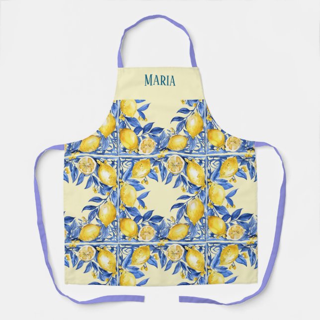 Tablier Citrons inspirés du Portugais sur fond bleu  (Recto)