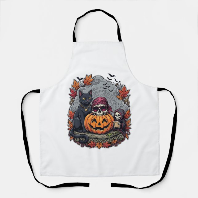 Tablier Citrouille de Halloween Chat Crâne Faucheuse Autom (Recto)