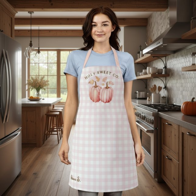 Tablier Citrouille rose d'automne En vichy cuisson (Pink Pumpkin Gingham Bakery Apron)