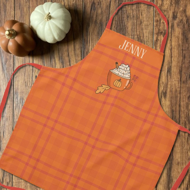 Tablier Citrouille Spice Doodle Orange Tartan Motif Apron (Fall personalized apron with a pretty orange Tartan pattern and a cute pumpkin spice latte doodle .)