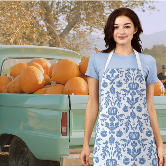 Tablier Citrouilles d'automne bleu blanc de style Chinois  (Ready to bake some pumpkin pie!)