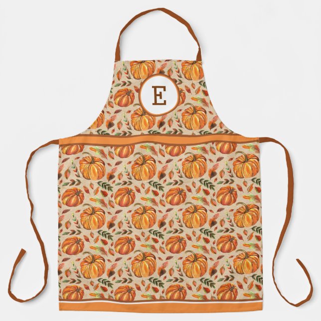 Tablier Citrouilles d'automne et monogramme de feuilles (Recto)