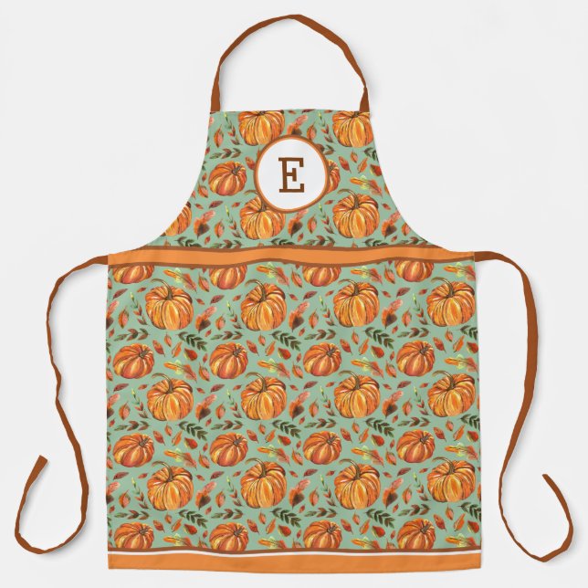 Tablier Citrouilles d'automne et monogramme de feuilles (Recto)