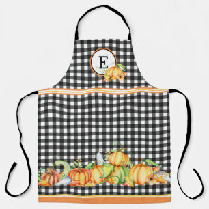 Tablier Citrouilles d'automne sur gingham noir monogrammé