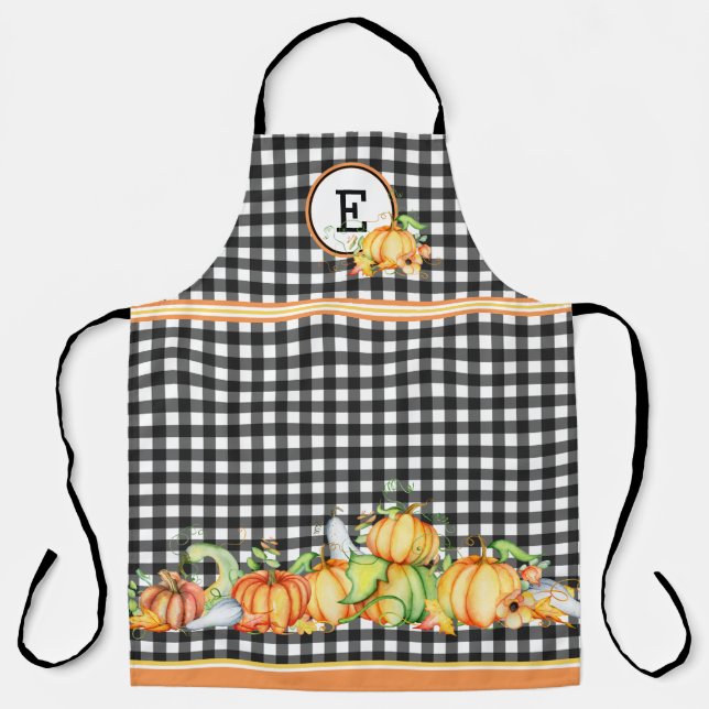 Tablier Citrouilles d'automne sur gingham noir monogrammé (Recto)