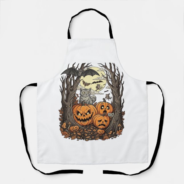 Tablier Citrouilles d'Halloween Chat Gris Chauve-Souris Pl (Recto)
