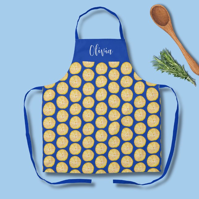 Tablier Citrus coloré citron Patten de fruits (Citrus lemon fruity kitchen apron on blue background.  Personalize with your own name or text.)