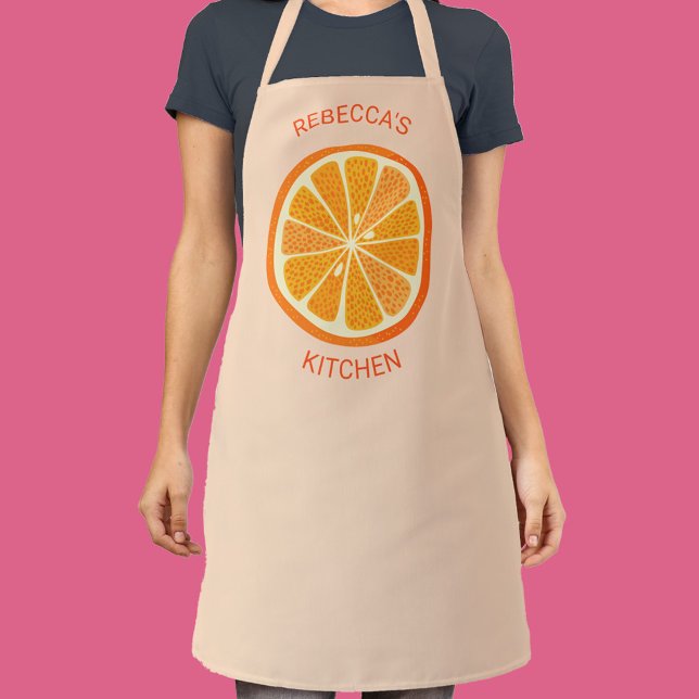 Tablier Citrus Orange personnalisé (Fun personalized custom name and text citrus orange apron in blush pink)