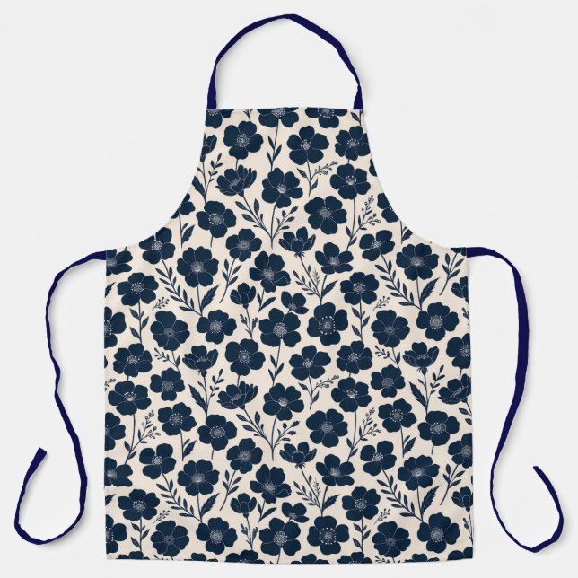 Tablier Clean monochrome wildflowers in navy on cream  (Recto)