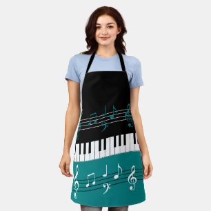 Tablier Clés et notes de piano Turquoise noir blanc