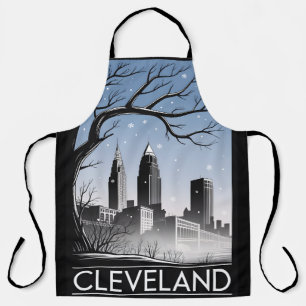 Tablier Cleveland Ohio Skyline Hiver Gravure sur Bois Noir