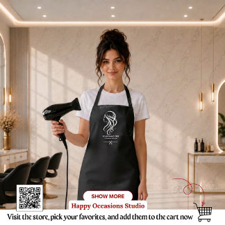 Tablier Code QR de coiffeur modifiable, Salon noir et blan