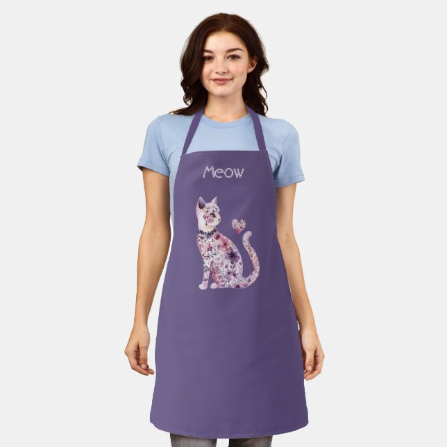Tablier Cœur Floral Fête Chat Blanc Rose Violet (Porté)