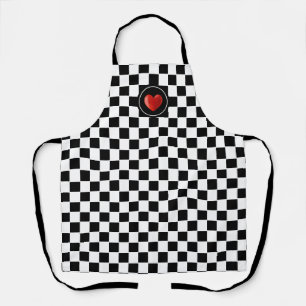 Tablier Cœur rouge sur damier noir et blanc