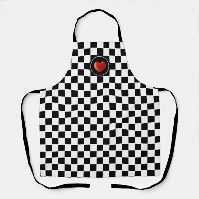 Tablier Cœur rouge sur damier noir et blanc (Recto)