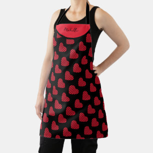 Tablier Coeurs rouges avec Motif à rayures sur noir