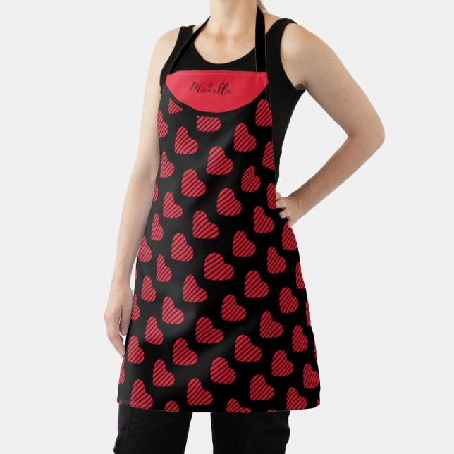 Tablier Coeurs rouges avec Motif à rayures sur noir (Insitu)