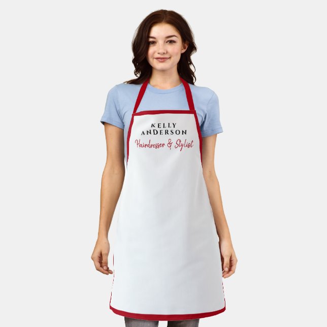 Tablier Coiffeuse Moderne Féminine Blanc Bordure Rouge  (Porté)