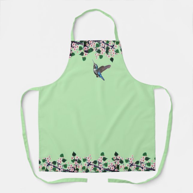 Tablier Colibri et fleurs blanches sur vert citron (Recto)