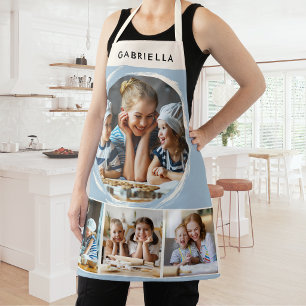 Tablier Collage de photos 4 Nom personnalisé Cuisine bleue