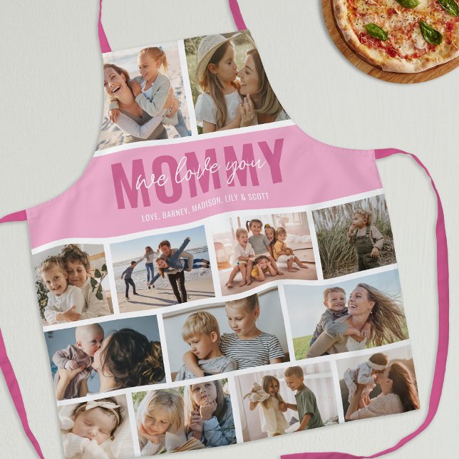 Tablier Collage de photos de maman rose Je t'aime (Créateur téléchargé)