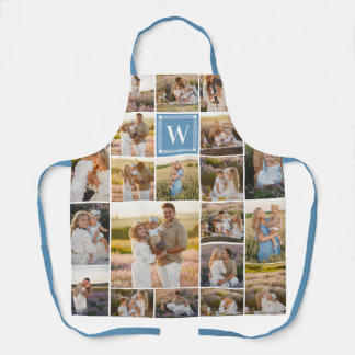 Tablier Collage de photos en format monogramme bleu 20 pho
