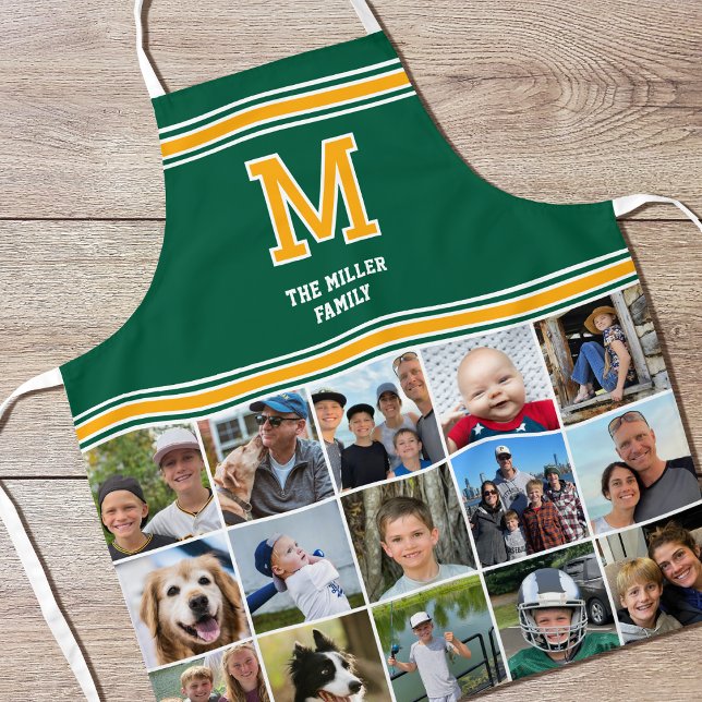 Tablier Collage de photos Monogramme de famille Vert Jaune (Créateur téléchargé)