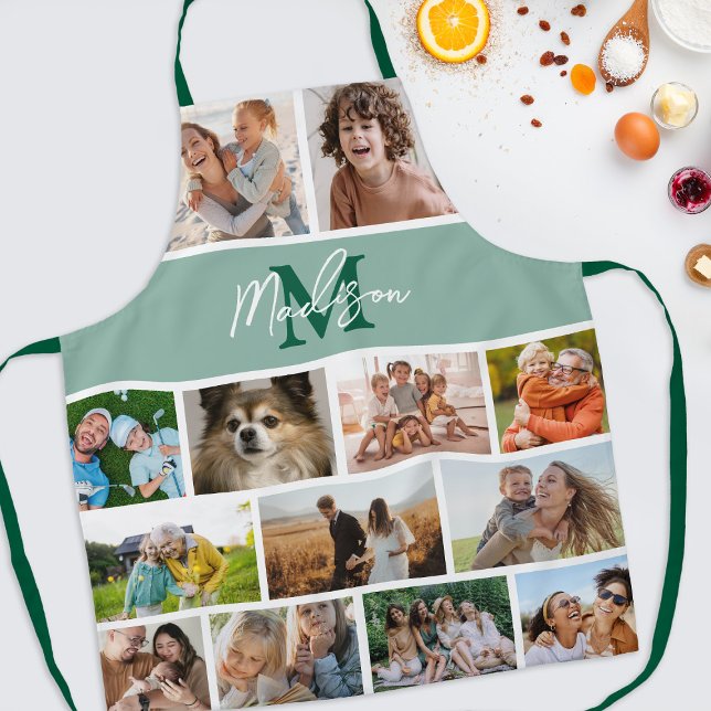 Tablier Collage de photos monogramme vert (Créateur téléchargé)