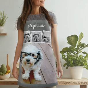Tablier Collage photo 4 tendance Nom du script White Grey