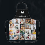 Tablier Collage photo noir monogramme<br><div class="desc">Un espace de collage de photos monogrammes avec un collage photo de vingt photos carrés. Sur un arrière - plan noir,  ajoutez votre nom initial et votre nom de famille.</div>