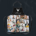Tablier Collage photo noir monogramme<br><div class="desc">Un espace de collage de photos monogrammes avec un collage photo de vingt photos carrés. Sur un arrière - plan noir,  ajoutez votre nom initial et votre nom de famille.</div>