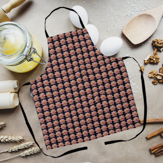 Tablier Collarette rose Dahlia motifs floraux sur noir (In Situ Kitchen)