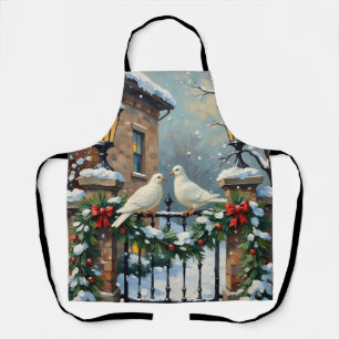 Tablier Colombes hivernales vintage à la porte éclairée pa
