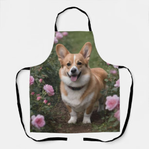 Tablier "Compagnie de charme : Un Corgi dans un jardin ros