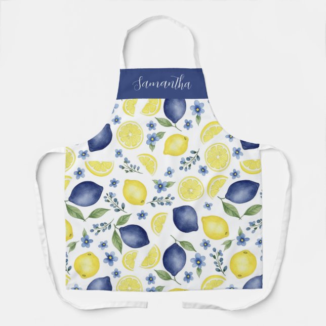 Tablier Comptoir Français Motif de Citron Bleu Monogramme  (Recto)