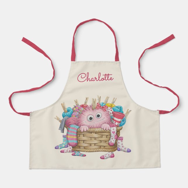 Tablier Conception de monstre de chaussette rose mignon et (Recto)