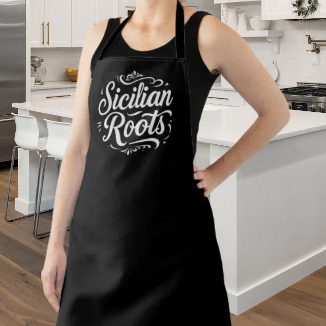 Tablier Conception élégante de l'héritage sicilien italien (Sicilian Roots black apron featuring elegant vintage script and scrollwork, celebrating Italian)