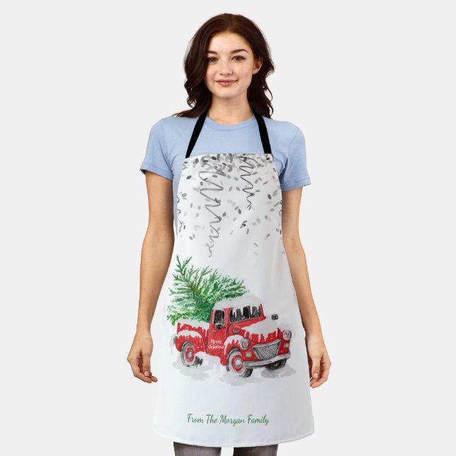 Tablier Confettis argentés, sapin de Noël camion rouge enn (Porté)