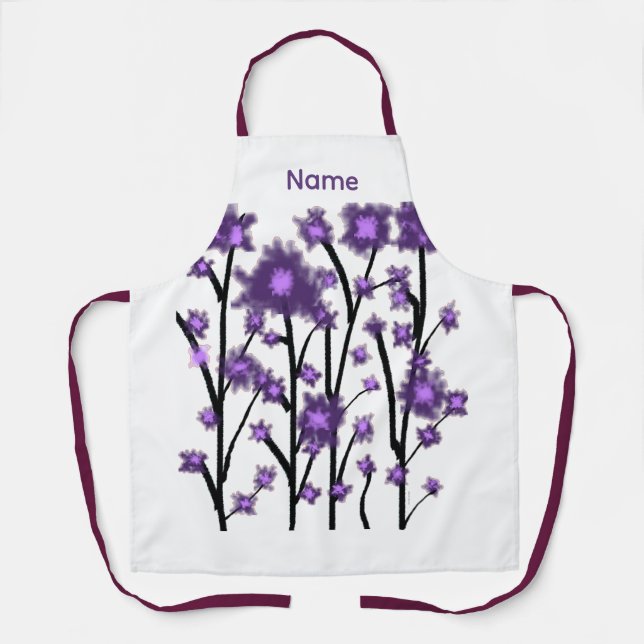 Tablier Contemporain Moderne Fleurs Blanches Violettes (Recto)