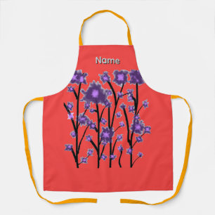 TABLIER CONTEMPORAIN MODERNE FLEURS POURPRES SUR FOND ROUG