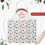 Tablier Cookies et arbres Festive personnalisés<br><div class="desc">Superbe tablier de vacances avec toutes les zones de texte disponibles pour votre propre personnalisation! Conception unique avec bannière avec sainte et mistletoe, zone pour votre nom/nom de famille, message en haut. Basse partie avec motif festif exquis avec arbres de Noël, étoiles et biscuits de vacances en forme d'arbre. Grand...</div>