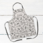 Tablier cookies vintages motif nom personnalisé cuire un<br><div class="desc">Elégant tablier de boulangerie de style vintage en gris sépia avec gâteaux, tasses à café et assortiment de biscuits illustration motif. Facile à personnaliser avec votre nom et votre texte ! Il peut s'agir d'un cadeau personnalisé inspiré pour la mère, la grand-mère, la mariée à être, ou un amoureux de...</div>